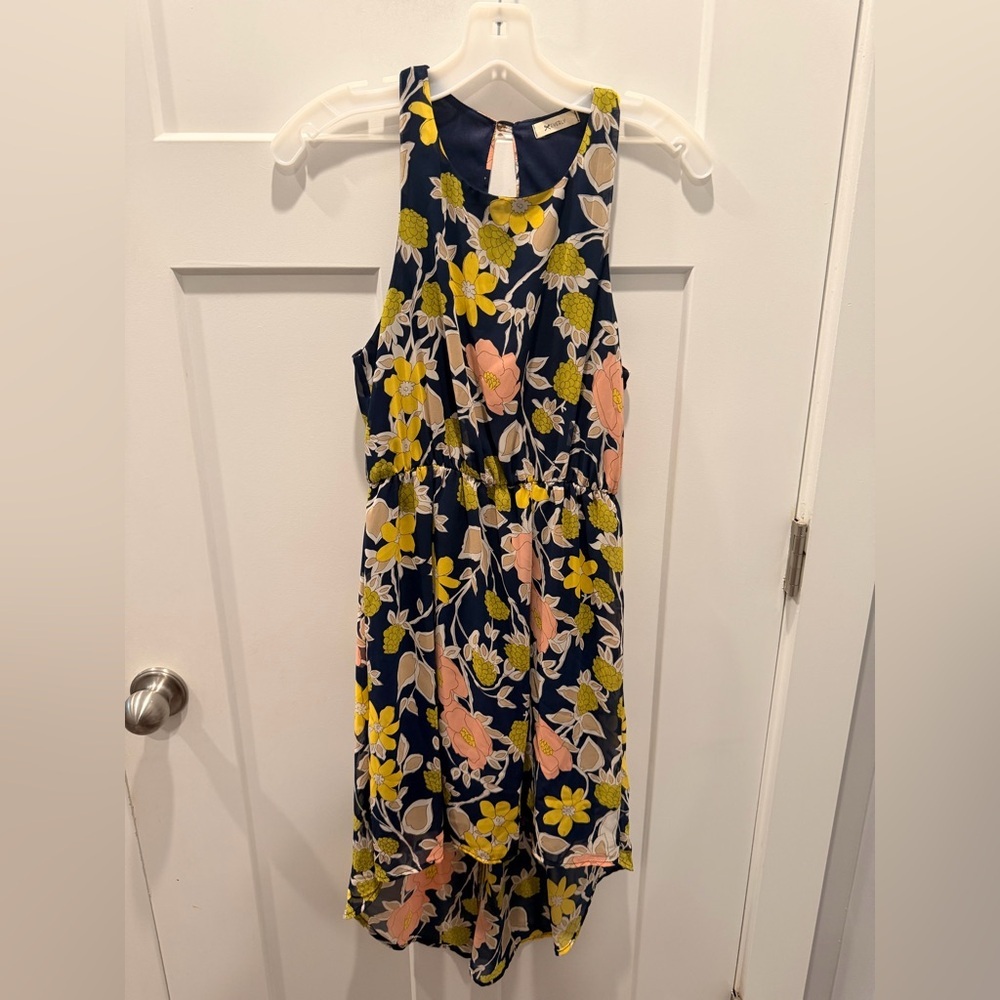 Everly Floral Midi Dress Navy Blue Yellow Pink Sleeveless Size Small